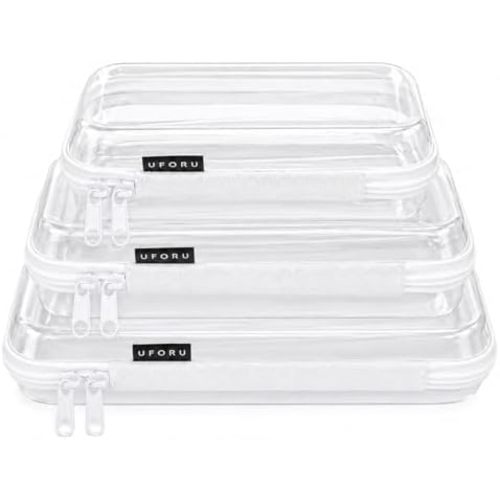 UFORU 3 Pack Clear Hard Shell Zipper Case, Heavy Duty Waterproof Clear Zipper Pouches, Travel Makeup Organizer & Toiletry Bag, Diaper Bag Organizer Pouches for Toys, Tech & Art Supplies, SML