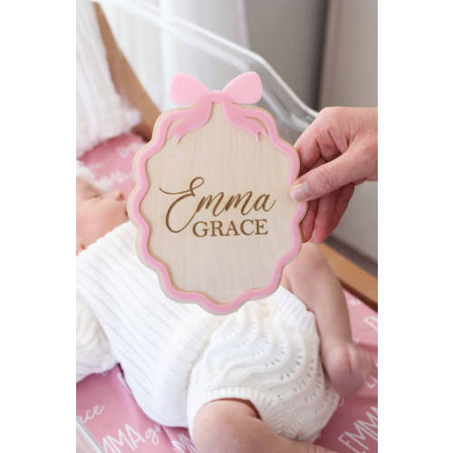 Personalized Wood Announcement | Scalloped Bow