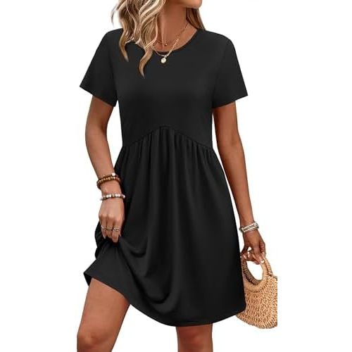 OFEEFAN Spring Dresses for Women 2026 Short Sleeve Crew Neck Casual Dresses Empire Waist Maternity Dress with Pockets