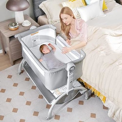 INFANS 3 in 1 Baby Bassinet, Bedside Sleeper, Rocking Cradle, Easy Folding Portable Safer Co-Sleeping Crib with Height Adjustable, Wheels Storage Basket Travel Bag for Infant Newborn (Gray)
