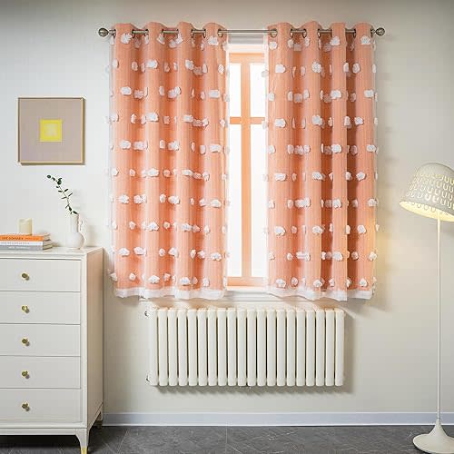 MYSKY HOME Orange Curtains for Bedroom 54 Inch Long Double Layer Curtains for Kids Room Kithen White Pom Pom Sheer Nursery Curtains Grommet Room Darkening Small Window Curtains 2 Panels 52" x 54"
