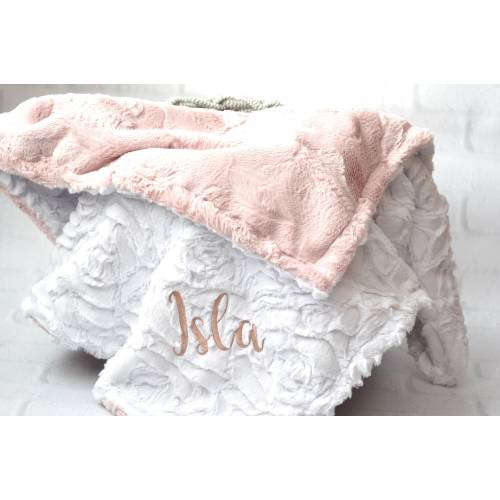 Rose Gold Personalized Minky Baby Blanket - Baby Girl Blanket - Personalized Baby blanket - White Rose blanket - Monogram Blanket - Newborn