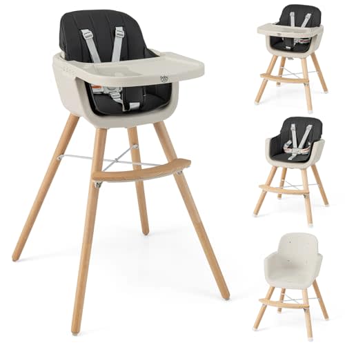 BABY JOY Baby High Chair, 3-in-1 Convertible Wooden Highchair for Babies & Toddlers, Infant Feeding Chair w/ 5-Point Safety Harness, Footrest, Adjustable Legs, Removable Tray & PU Cushion (Black)