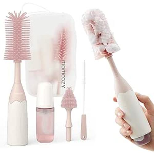 Momcozy Baby Bottle Brush Kit, Push-Press Foam Design, Pink | Portable for Home & Travel, Bottle Cleaner Brush for Breast Pumps & Nipple, Newborn Essentials, Food-Grade BPA-Free