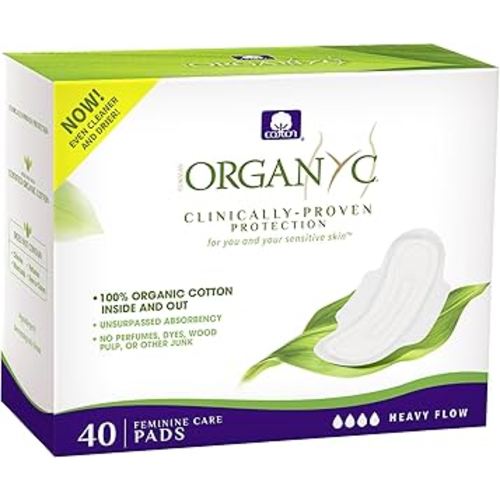 Organyc - 100% Certified Organic Cotton Inside and Out Feminine Pads, Sanitary Napkin 40 Count, Heavy Flow, New Larger Size Packaging