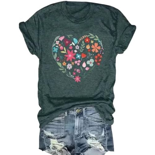Women's Boho Flower T Shirt Vintage Flowers Printed Shirt Colorful Wildflower Graphic Tee Casual Botanical Short Sleeve