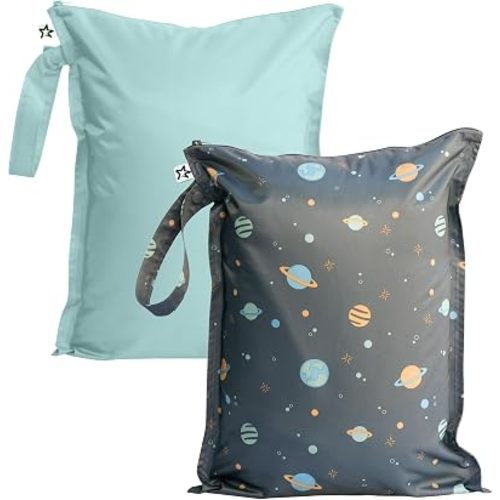Tiny Twinkle Mess Proof Wet Bags | 2-Pack Reusable Waterproof Wet Bags for Swimsuits | Baby Clothes | Travel & Diaper Bag (Space, Ice Blue)
