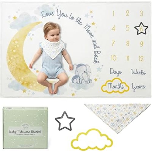 Bliss n' Baby Monthly Milestone Blanket for Baby Boys & Girls - 60"x40" - Wrinkle Free Moon and Stars Elephant Blanket with Growth Chart - Washable & Dryable - w/Frames & Cotton Bib - Space Theme Gift
