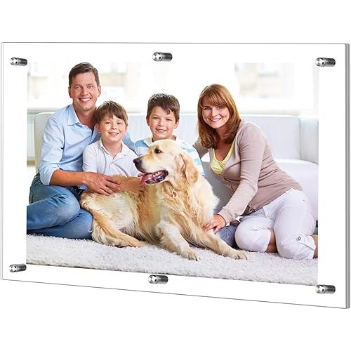 1 Pack Extra Large Frameless Floating Acrylic Frame Wall Mount Magnetic Acrylic Picture Frames with Chrome Standoffs Double Panel Floating Frame for Photo Poster Display (18 x 24 Inch)