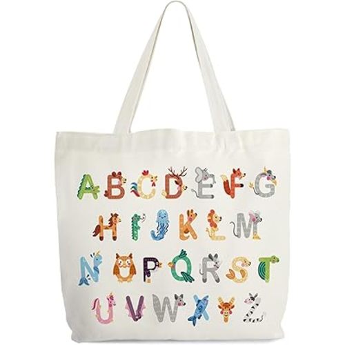 Animals Alphabets Canvas Tote Bag for Women, ABC Letters Learning Tote, Cute Animal Gift Bag, Library Book Bag, Teacher Tote Bags for Books, Shoulder Bag Gifts for Animal Lovers -12