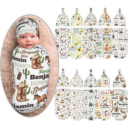 Personalized Cowboy Swaddle Blanket Boy Girl Newborn Essentials,Custom Baby Cowboy Swaddle Blanket and Hat Set with Name,Customized Gifts