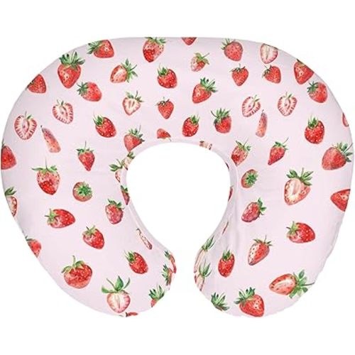 Red Strawberries Baby Nursing Pillow Covers for Boy Girl Watercolor Strawberries Fruit Nursery Slipcovers for Breastfeeding Pillows Sweet Summer Pink Soft Stretchy Removable Covers for Newborn Infant
