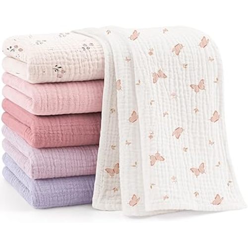 Bearmoss 6 Pack Muslin Burp Cloths for Baby, 100% Cotton Soft Large Burping Cloths for Unisex, Boy, Girl, 23.6" X 23.6" Newborn Essentials Absorbent Milk Spit Up Rags (Pink Purple)
