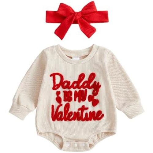 Baby Girl Valentines Outfit Daddy Is My Valentine Waffle Long Sleeve Bubble Romper Jumpsuit Cute Fall Spring Clothes