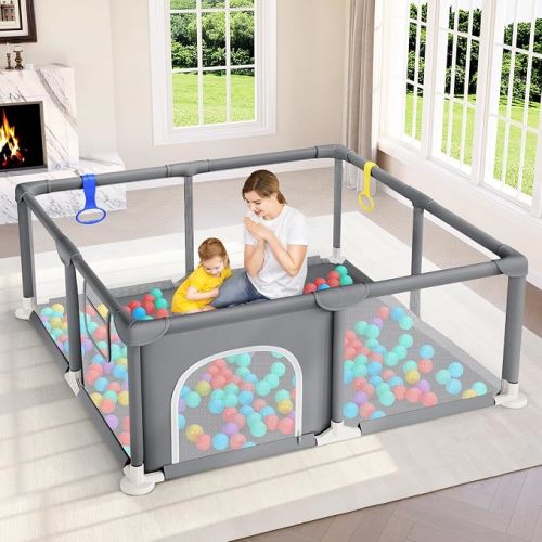 Dripex Baby Playpen, 47"x47" Small Play Pen for Babies, Grey | Breathable Visible Mesh, Anti-Fall Design, Easy Setup, Indoor/Outdoor Use