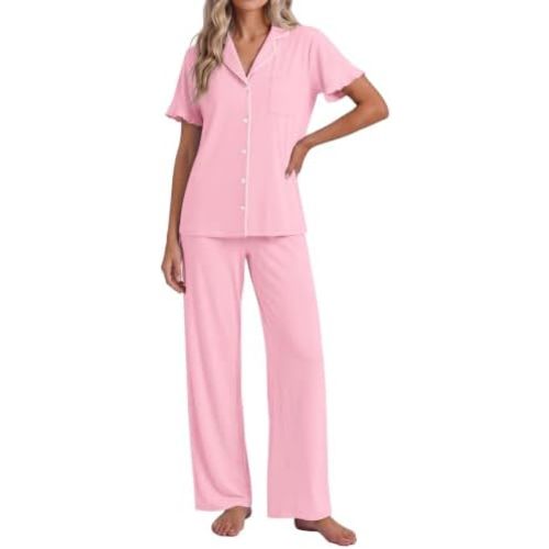Ekouaer Pajamas for Women Set Button Up Soft Pjs Short Sleeve Lounge Sets