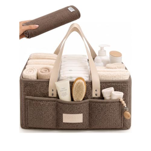 Baby Diaper Caddy Organizer with Waterproof Changing Pad, Taupe | Sherpa teddy fleece nursery storage basket, removable velcro dividers, wipeable interior, newborn shower gift, car and travel