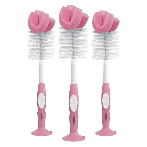 Dr. Brown's Reusable Sponge Baby Bottle Cleaning Brush Set with Suction Cup Stand, Scrubber and Nipple Cleaner, Pink, 3 Pack