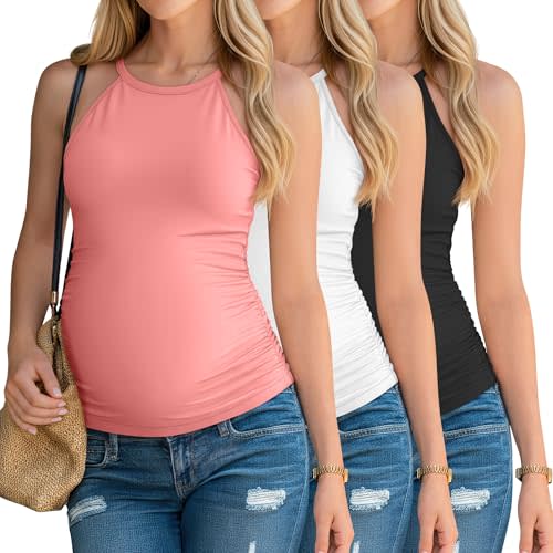 3 Pack Women's Maternity Halter Camisole Tank Tops Ruched Side Sleeveless Pregnancy Shirts Summer Basic Undershirt