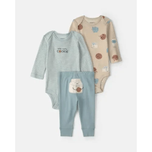 Baby Boy 3-Piece Milk & Cookies Long-Sleeve Bodysuit & Pant Set - Blue/Cream | Carter's