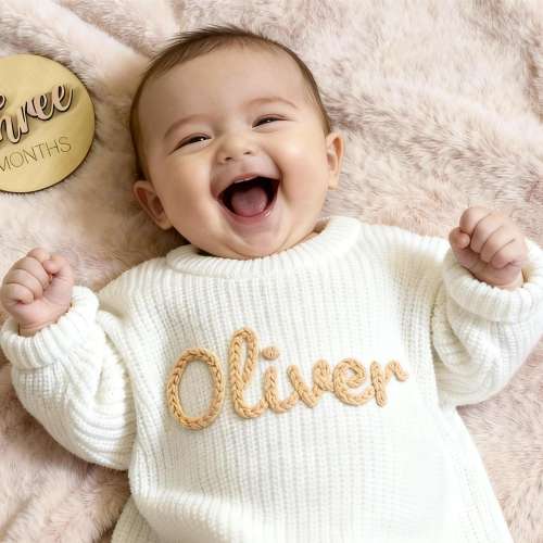 Custom Hand Embroidered Name Sweater Toddler, Baby Knit Jumper, Birthday Gift For Girls Boy