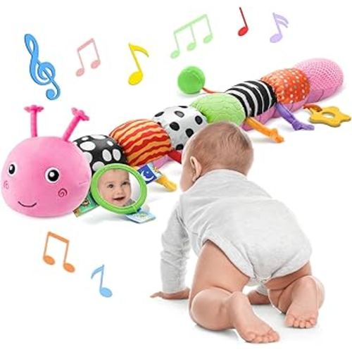 Baby Toys 6-12 Months Music Caterpillar Infant Toys Stuffed Animals 0-3-6 Months Teething Tummy Time Sensory Toys with Mirror Rattle&Pull String for Boys Girls Birthday Gifts|Pink,Knot Limb