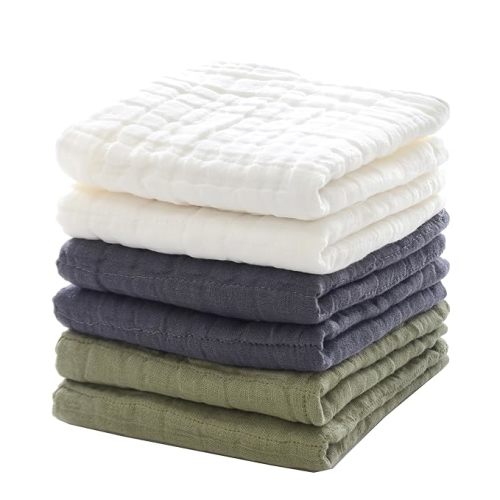 MUKIN Baby Washcloths, Muslin Cotton Face Cloths, Newborn Soft Absorbent Bath Wipes, Burp Cloths or Towels, Pack of 6, 12x12 inches (White,Dark Gray,Tea Green)