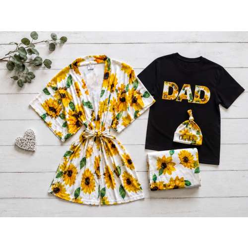 Baby girl coming home outfit Maternity dress & matching Dad shirt. Baby shower gift. Sunflower.