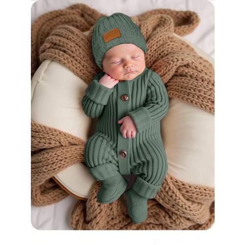 SHEIN Sage Green Autumn Modest Newborn Baby Girl Boy Knitted Jumpsuit,Footie & Hat Set,Versatile Newborn Knit Outfit Photoshoot Sweater Romper Infant Gown