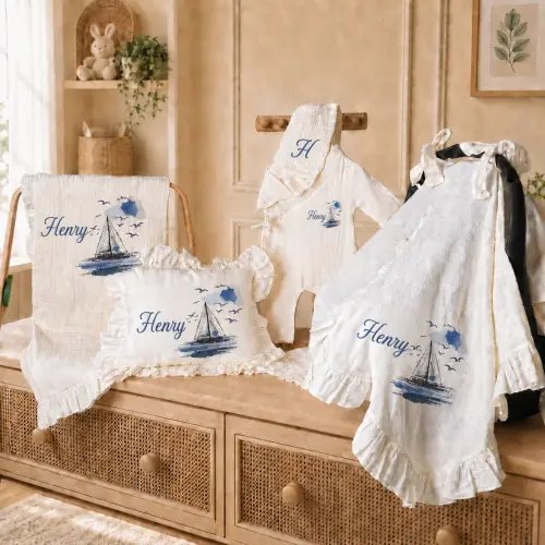 Embroidered 5-Piece Set - Romper & Bonnet Outfit / Blanket / Pillow with Cover / Stroller Cover /