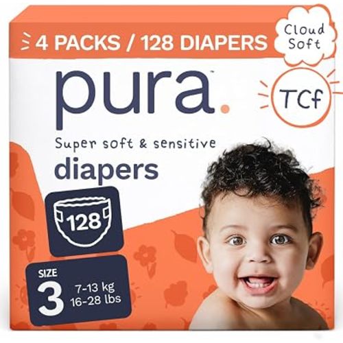 Pura Baby Diapers Size 3 (16-28 lbs) 128 Count Sensitive Skin