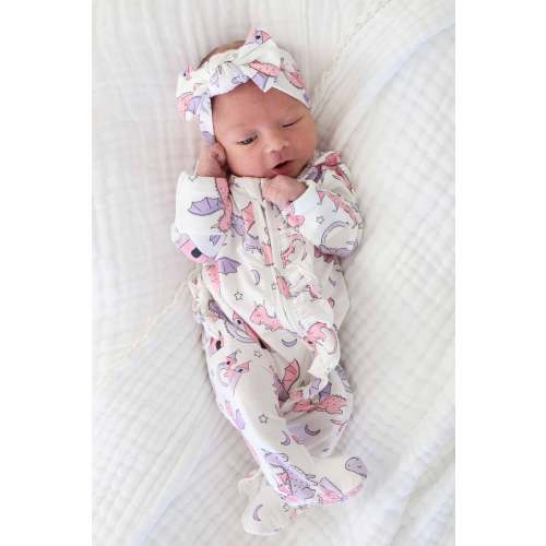 Dragon Adventure Ruffle Zipper Footie | Pink