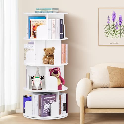 2025 New 4 Tier Rotating Bookshelf kids, Small Corner Bookshelf for Small Space, 360 Display Floor Standing Bookcase Storage Rack, Wood Narrow Book Shelf Organizer for Home Office,Bedroom, Living Room