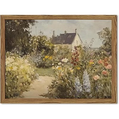 Vintage Painting Wall Art, Country Landscape Wall Decor, Nature Wildflower Farmhouse Pictures Canvas Prints for Bedroom Bathroom Living Room 24x16 inch Wood Framed