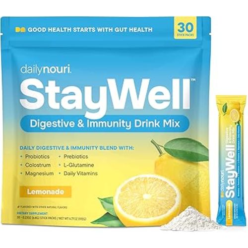DAILYNOURI StayWell Digestive & Immunity Drink Mix | Supports Gut Health, Digestion, Immunity & Energy | Probiotics, Prebiotics, Colostrum & Daily Vitamins | 30 Stick Packs