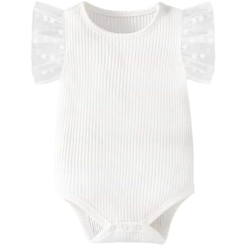 ROMPERINBOX Baby Girl Onsies Polka Dot Mesh Puff Sleeve Rib-Knit Short Sleeve Round Neck Bodysuit for 0-24 Months