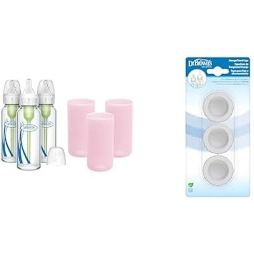Dr. Brown's Anti-Colic Options+ Narrow Glass Baby Bottles 8oz and Level 1 Slow Flow Nipple, 3-Pack 0m+ and Pink Silicone Sleeves and Storage/Travel Caps, BPA-Free, 3-Pack