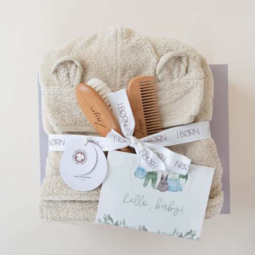 JBØRN Baby Bath Set | Organic Cotton Bathrobe & Hairbrush Set