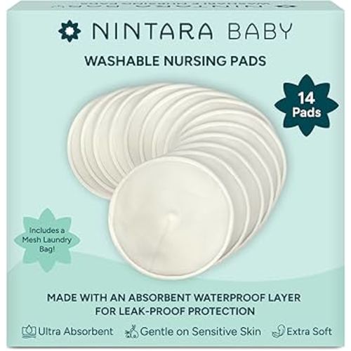 Nintara Baby Reusable Nursing Pads – 4-Layer Organic Bamboo Cotton, Ultra-Soft, Absorbent & Leak-Proof, Contoured Comfort Fit, Pack of 14 with Laundry Bag