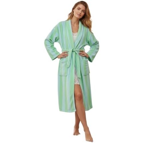 Women's Soft Plush Robe Flannel Lounge Robe Long Sleeve Striped Bathrobe with Belt