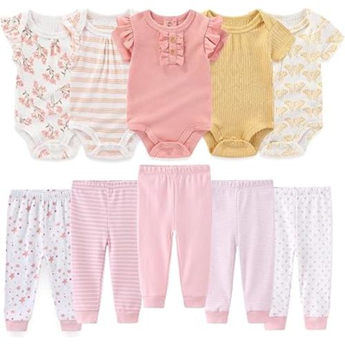 Baby Boy Girl 10 Piece Combined Type Clothing Set Cotton Baby Bodysuits and Pants Set Home Outdoor Infant Clothes