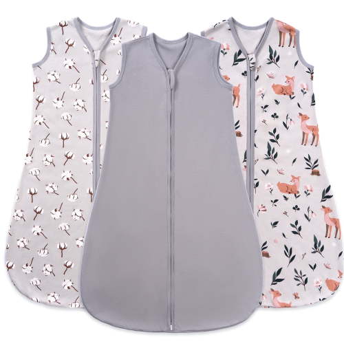 Baby Sleep Sack 0-6 Months, 100% Organic Cotton Wearable Blanket for Babies, 2-Way Zipper TOG 0.5 Lightweight Breathable Baby Sleeping Bag, 4 Sizes-S Cotton&Fawn&Grey