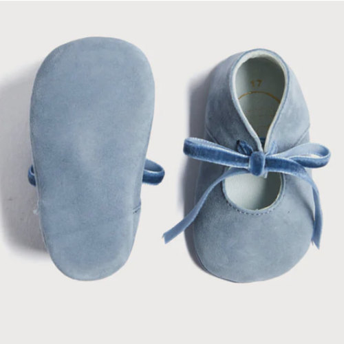 Suede Velvet Ribbon Pram Shoes in Blue. – Pepa London