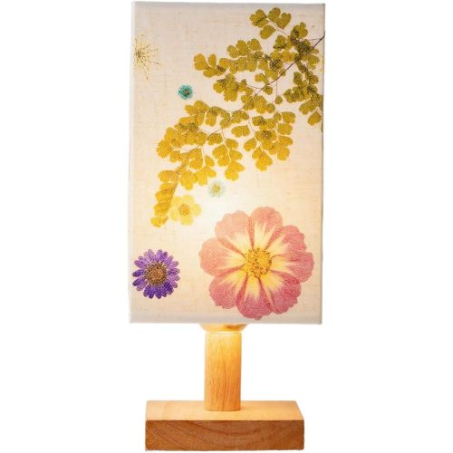 Floresita Dried Flowers Table Lamp 5W LED 3Color Temperatures Pressed Flower Bedside Lamp Square Linen Shade with Wood Base for Bedroom Living Room