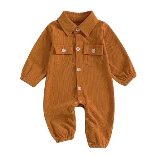 Karuedoo Newborn Baby Boy Girl Clothes Corduroy Long Sleeve Button Up Romper Jumpsuit Collared Bodysuit Fall Winter Outfit