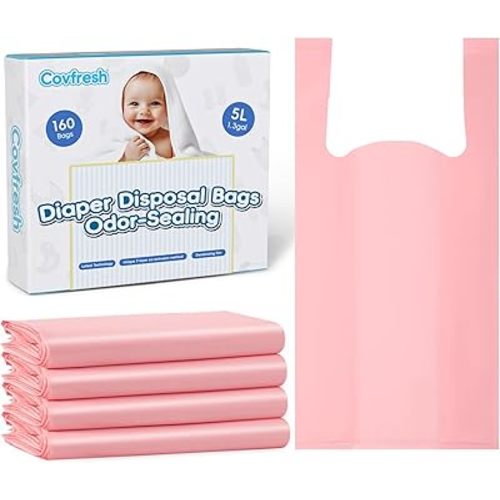 Odor Sealing Diaper Disposable Bags with Tie Handle, 160 count | Large Capacity, Unscented & Durable Diaper Trash Bags for Home & Baby Travel Use (Color:Pink)
