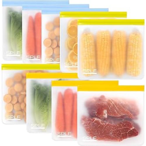 SPLF 9 Pack Reusable Gallon Freezer Bags Dishwasher Safe, BPA Free 1 gallon Leakproof Silicone and Plastic Free Food Storage Bags for Meal Prep, Fruits, Sandwich, Snack, Travel Items - Muticolor