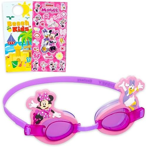 Disney Minnie Mouse Swim Goggles for Kids - Bundle Themed Goggles for Swimming, Pool, Beach, More Plus Stickers Minnie and Friends Pool Accessories for Girls