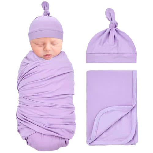 Dizila 2pcs Soft Stretchy Nursery Baby Girl Boy Newborn Receiving Swaddle Blanket with Matching Turban Hat Beanie (Purple)