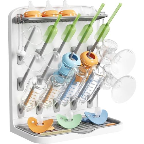 Large Baby Bottle Drying Rack with Drain Mat & 15 Hooks, Newborn Essentials Must Haves, Countertop Holder Organizer for Baby Stuff, Rack Dryer for Pacifiers, Weighted Straws, Pump Parts